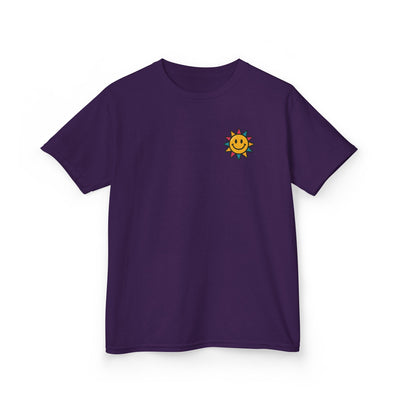 Kids purple t-shirt with cheerful sun graphic, perfect for spreading positivity and motivation.