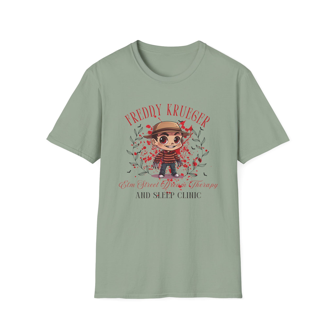 Freddy Krueger Halloween tee featuring chibi design and Elm Street Dream Therapy logo.