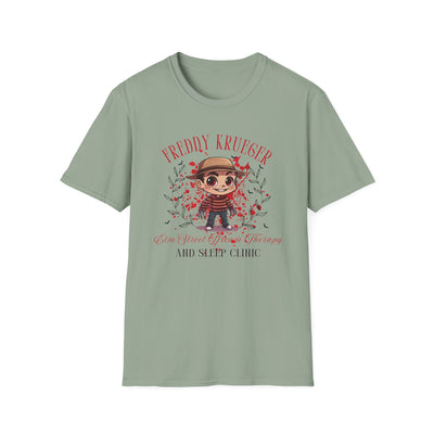 Freddy Krueger Halloween tee featuring chibi design and Elm Street Dream Therapy logo.