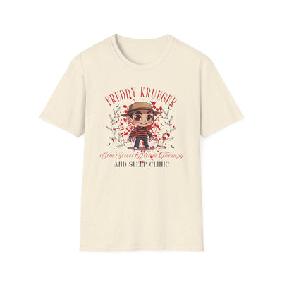 Freddy Krueger Halloween tee featuring a chibi design and 'Elm Street Dream Therapy and Sleep Clinic' text.