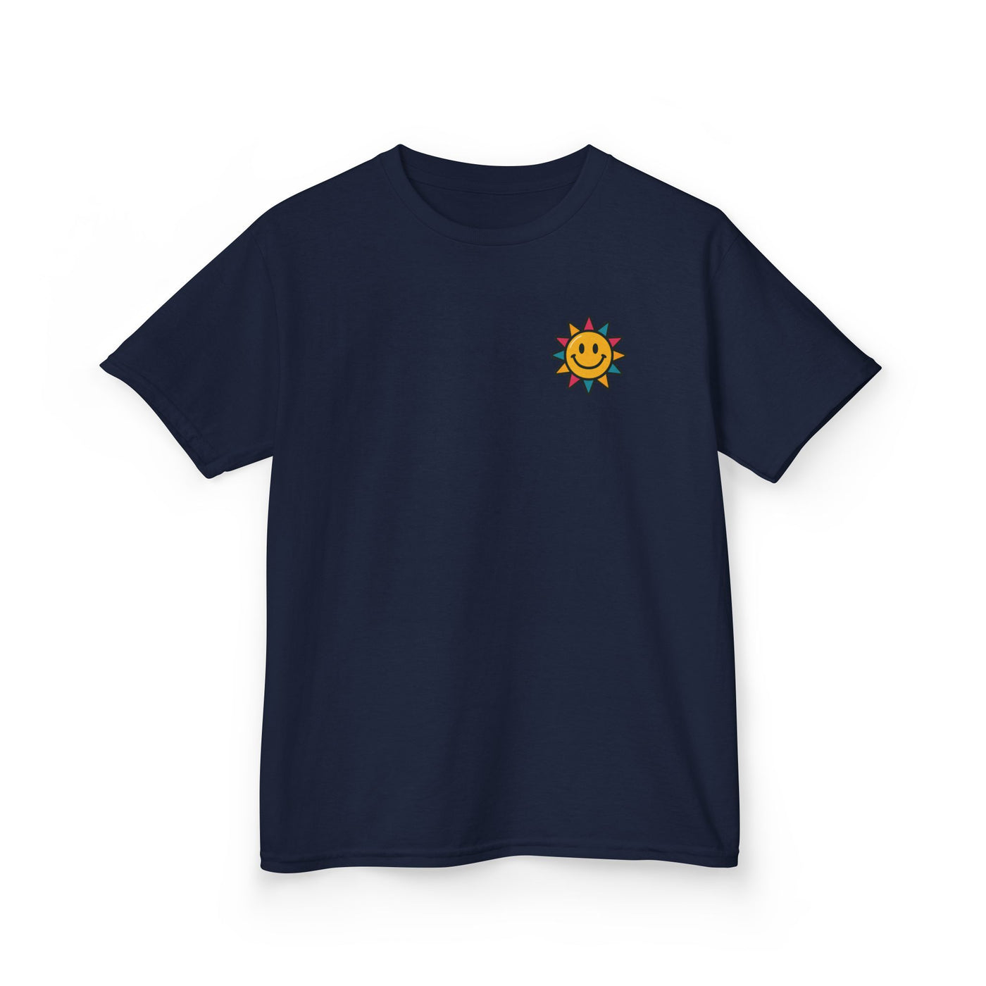 Kids motivational navy tee with cheerful sun graphic, perfect for spreading kindness and positivity back-to-school.