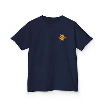 Kids motivational navy tee with cheerful sun graphic, perfect for spreading kindness and positivity back-to-school.