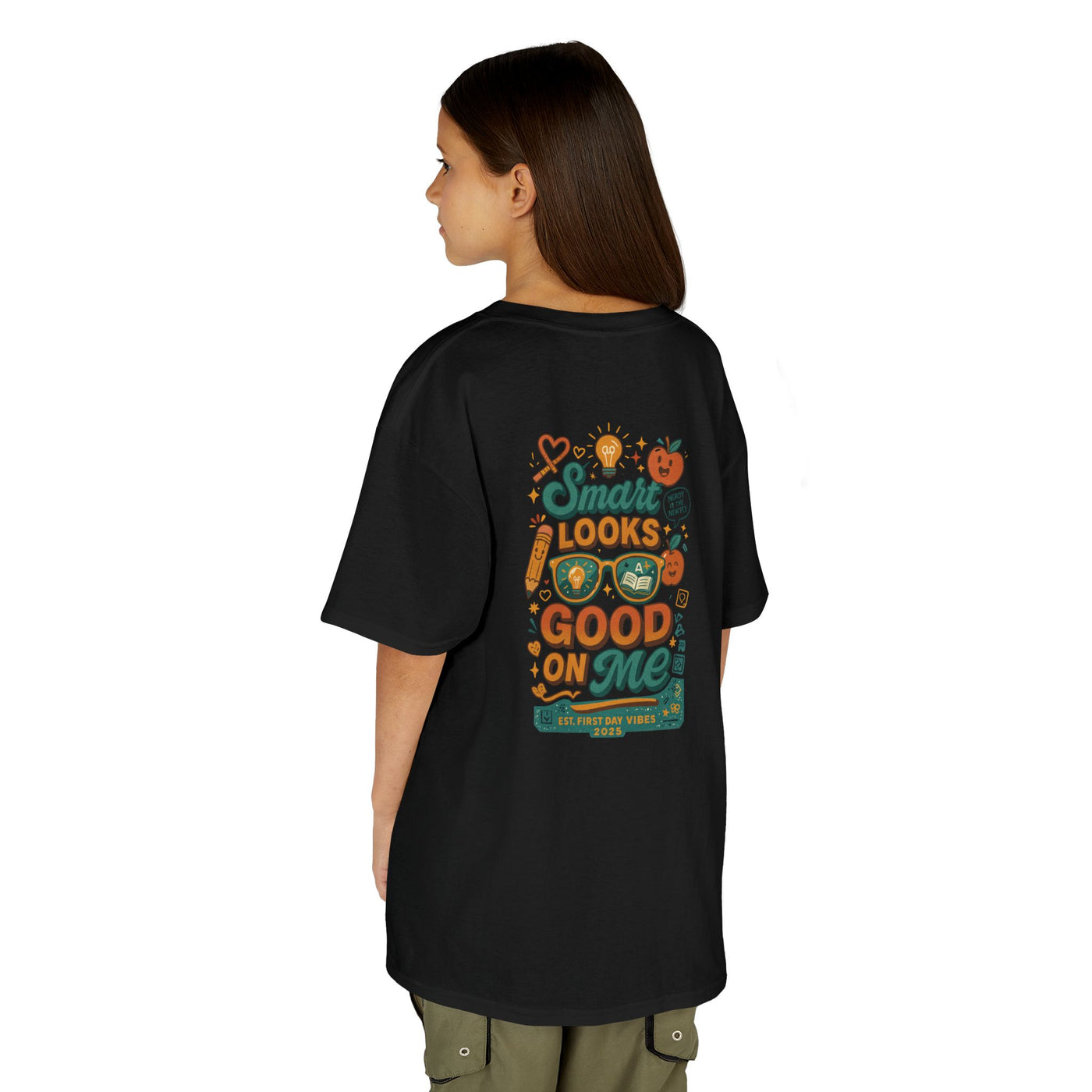 Back view of a kid wearing a black tee with 'Smart Looks Good On Me' design, perfect for back-to-school motivation.