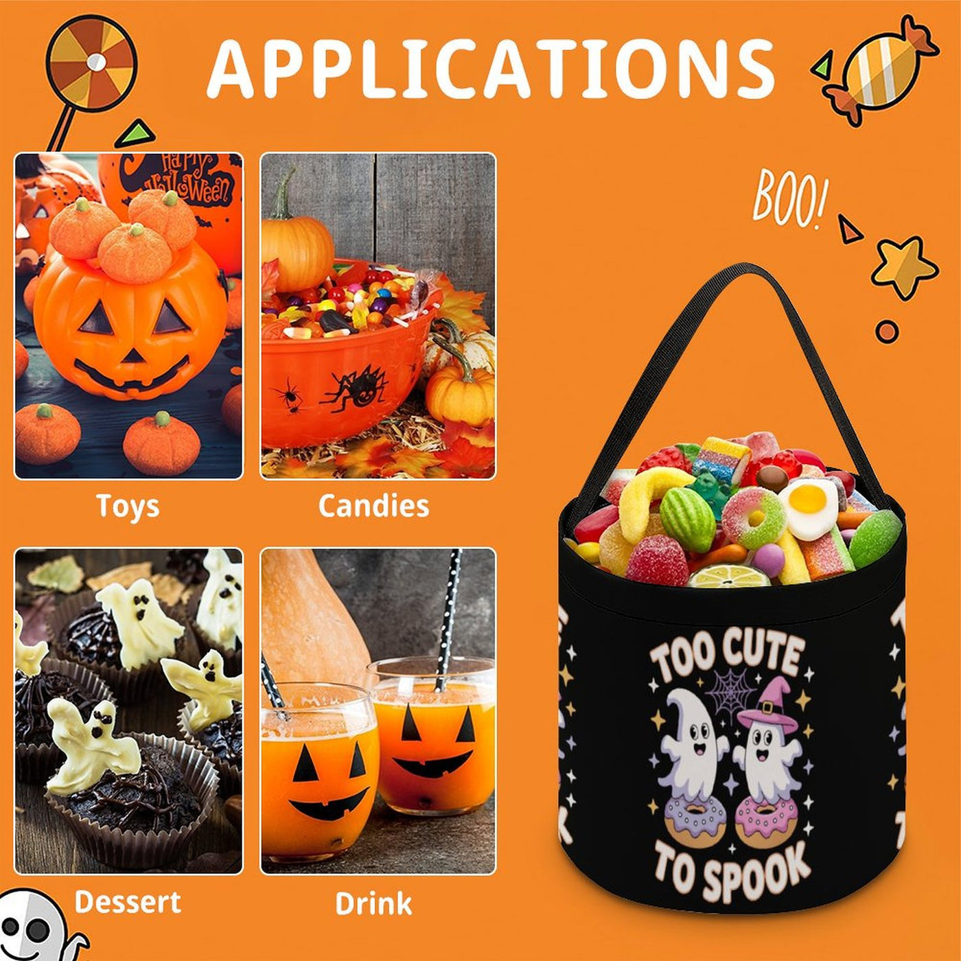 Kids Halloween Candy Bag – “Too Cute to Spook” Trick-or-Treat Tote