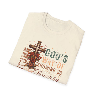 Autumn Is God's Way faith shirt in warm tones, showcasing a cross and floral design, perfect for fall celebrations.