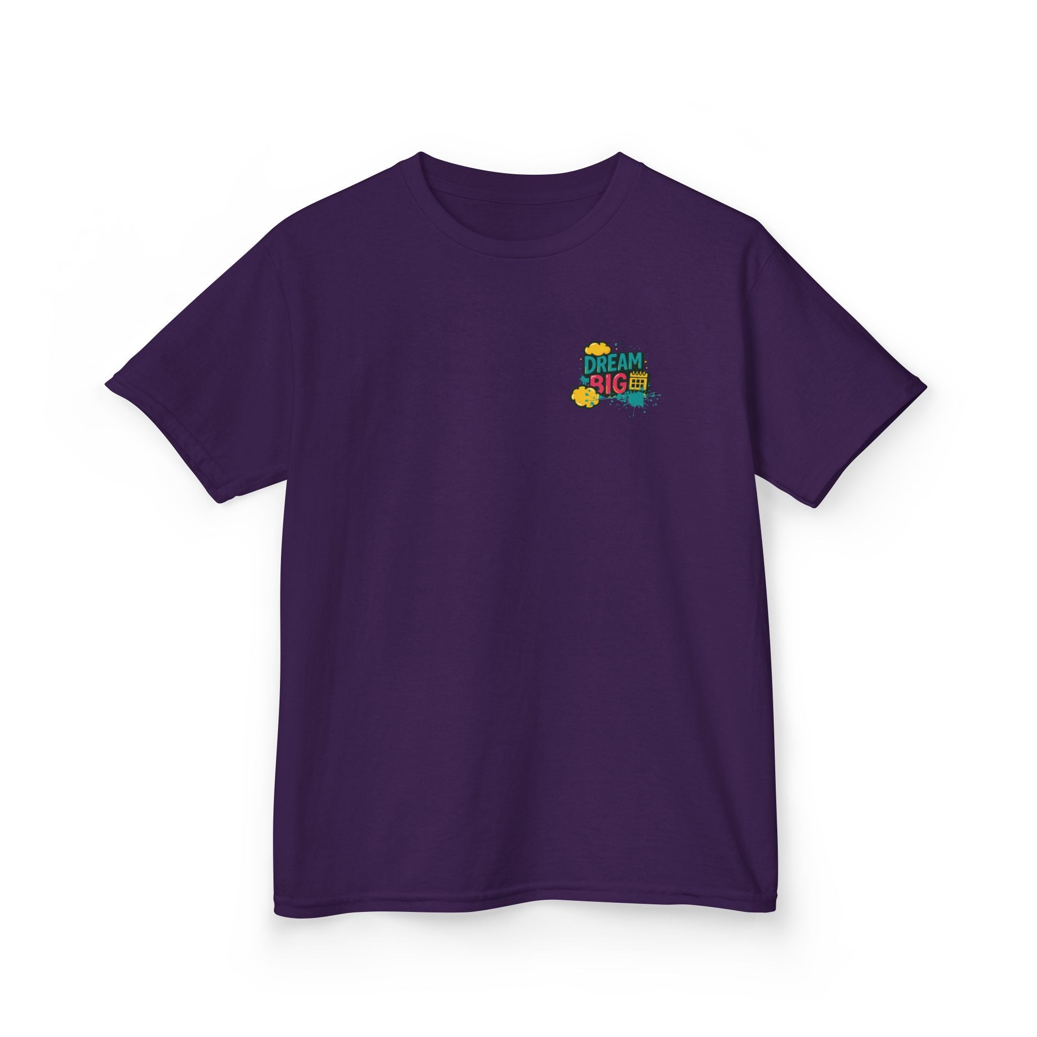 Purple kids tee with 'Dream Big. Show Up. Repeat.' motivational print, perfect for back-to-school confidence.