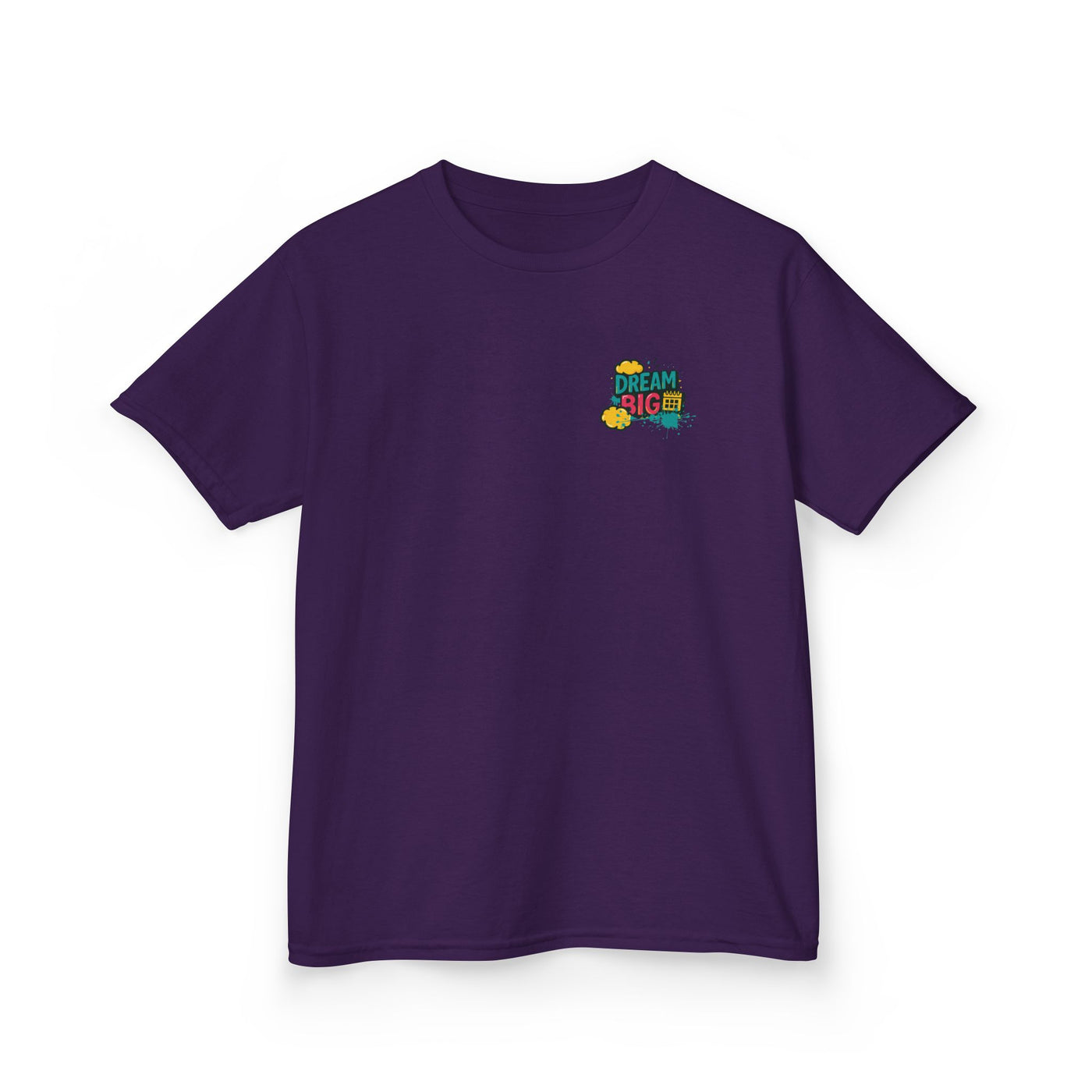 Purple kids tee with 'Dream Big. Show Up. Repeat.' motivational print, perfect for back-to-school confidence.