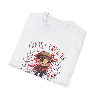 Freddy Krueger Halloween tee featuring a chibi version surrounded by a spooky design, perfect for horror fans.
