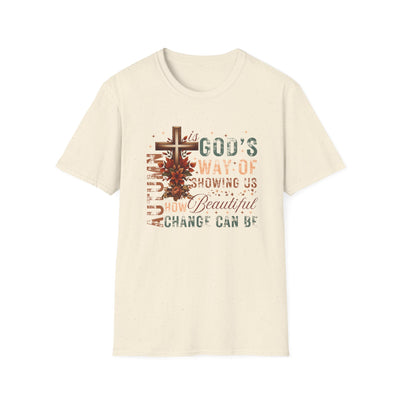 Autumn Is God's Way faith tee featuring a cross and warm fall colors, celebrating change and spiritual growth.