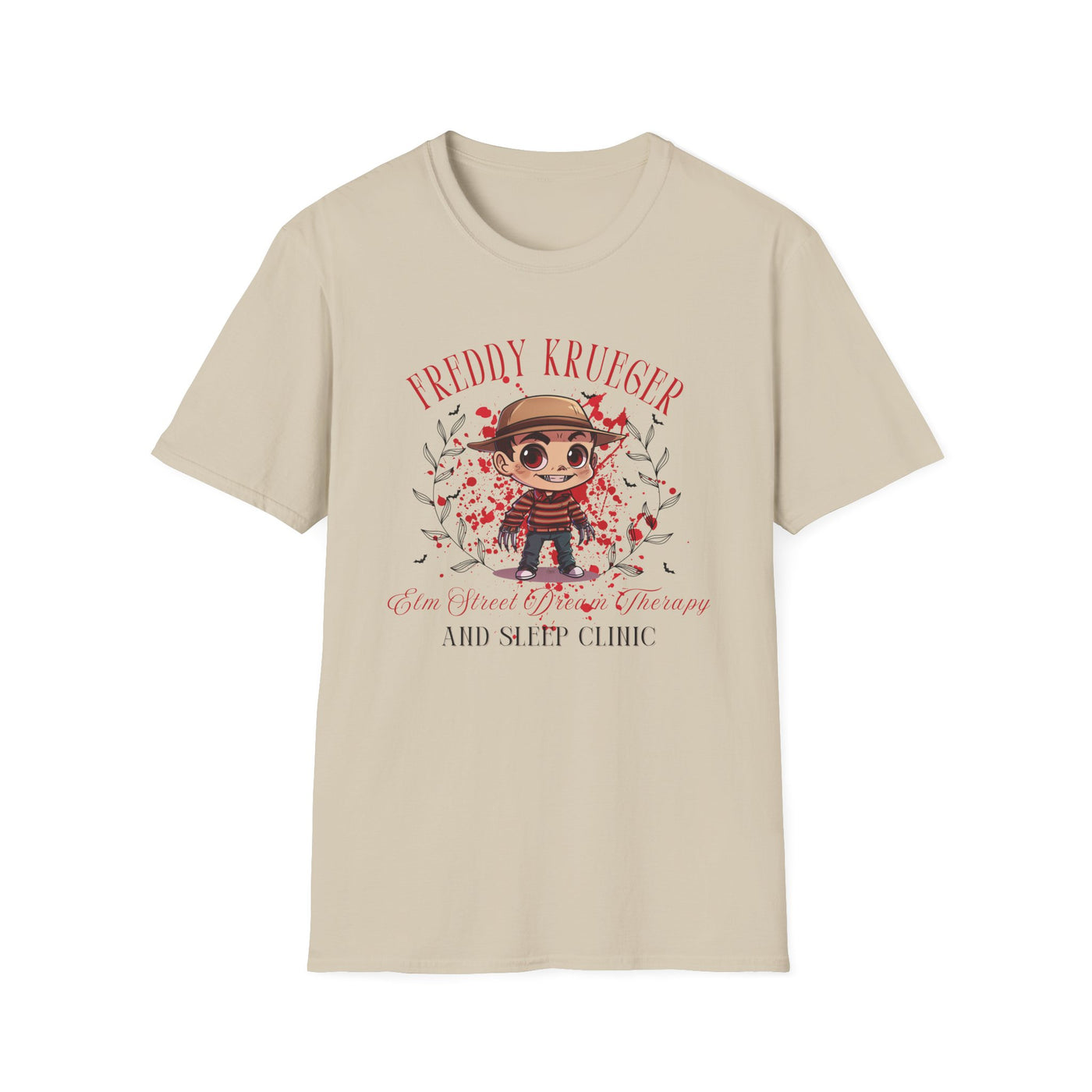 Freddy Krueger Halloween tee featuring chibi design and 'Elm Street Dream Therapy' logo.
