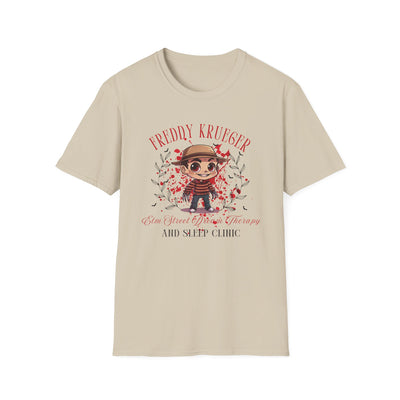 Freddy Krueger Halloween tee featuring chibi design and 'Elm Street Dream Therapy' logo.
