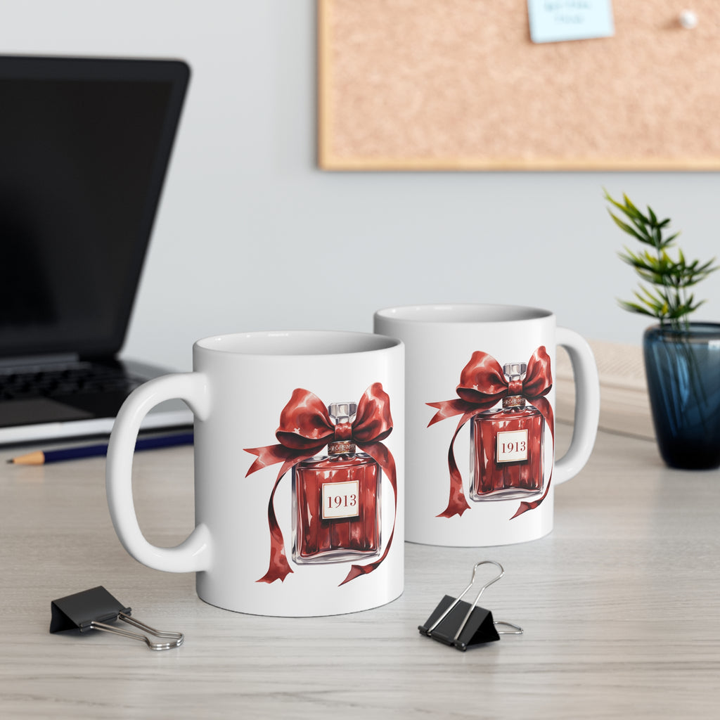 1913 Red Ribbon Ceramic Coffee Cup - Sweet Scent of Sisterhood Mug