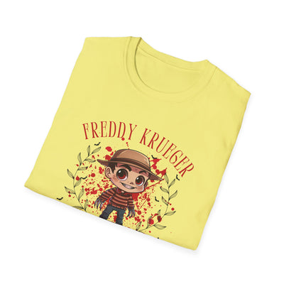 Freddy Krueger Halloween tee featuring chibi design on a yellow shirt, perfect for spooky season style.