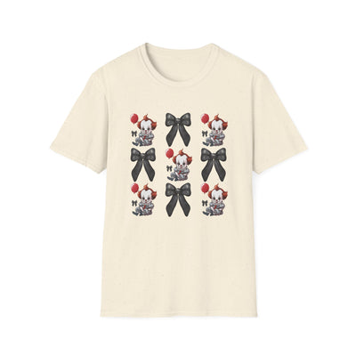 Pennywise & Bows Halloween T-Shirt featuring spooky graphics and black bows, perfect for Halloween and fall festivities.