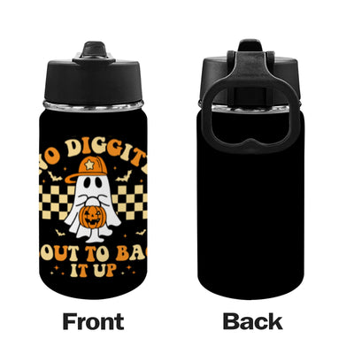 Black water bottle with Halloween-themed design on front, black sleeve on back