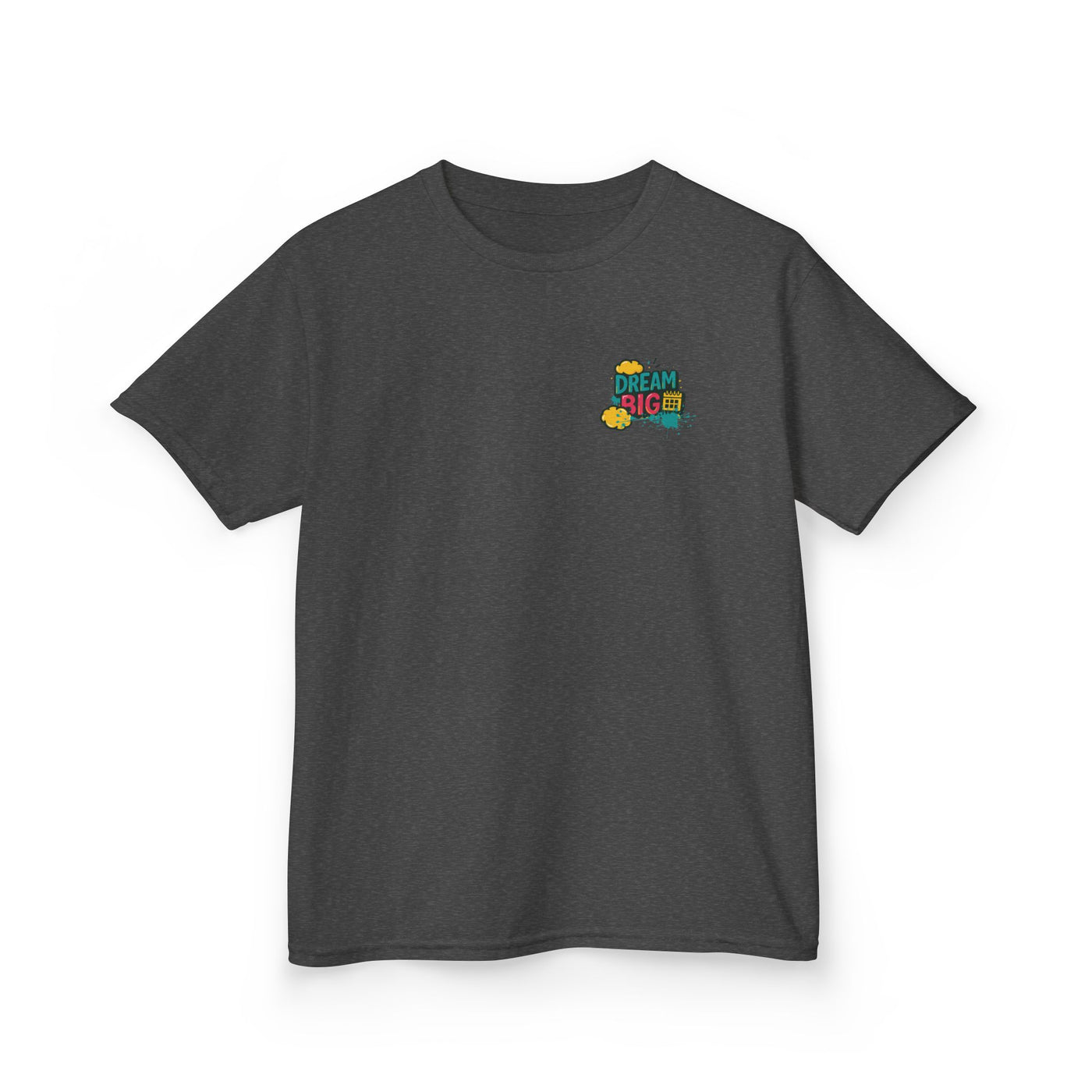 Gray kids tee featuring 'Dream Big' motivational graphic for back-to-school style and confidence.