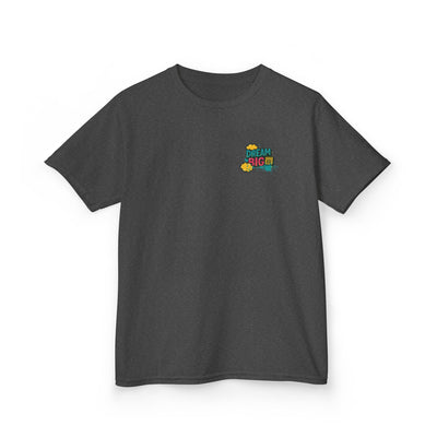 Gray kids tee featuring 'Dream Big' motivational graphic for back-to-school style and confidence.