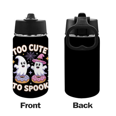 Black water bottle with Halloween-themed design on front, plain back