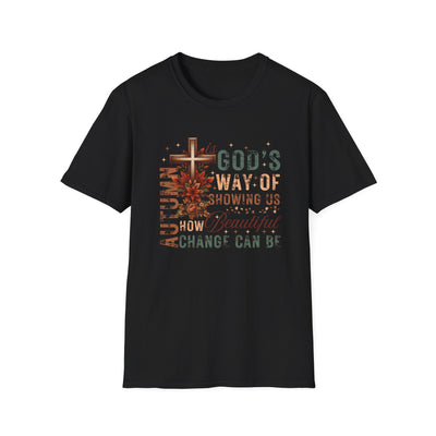 Black tee with autumn design featuring the message 'Autumn Is God's Way of Showing Us How Beautiful Change Can Be'.