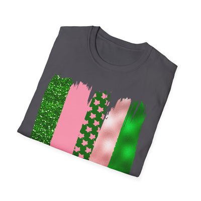 Pink & Green Brushstroke Sorority-Inspired T-Shirt – Glitter, Glam, & Greek Pride