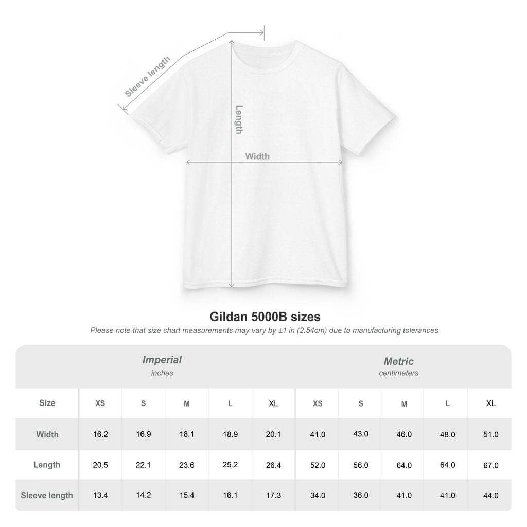 Size chart for Gildan 5000B kids t-shirt showing measurements in inches and centimeters for perfect fit.