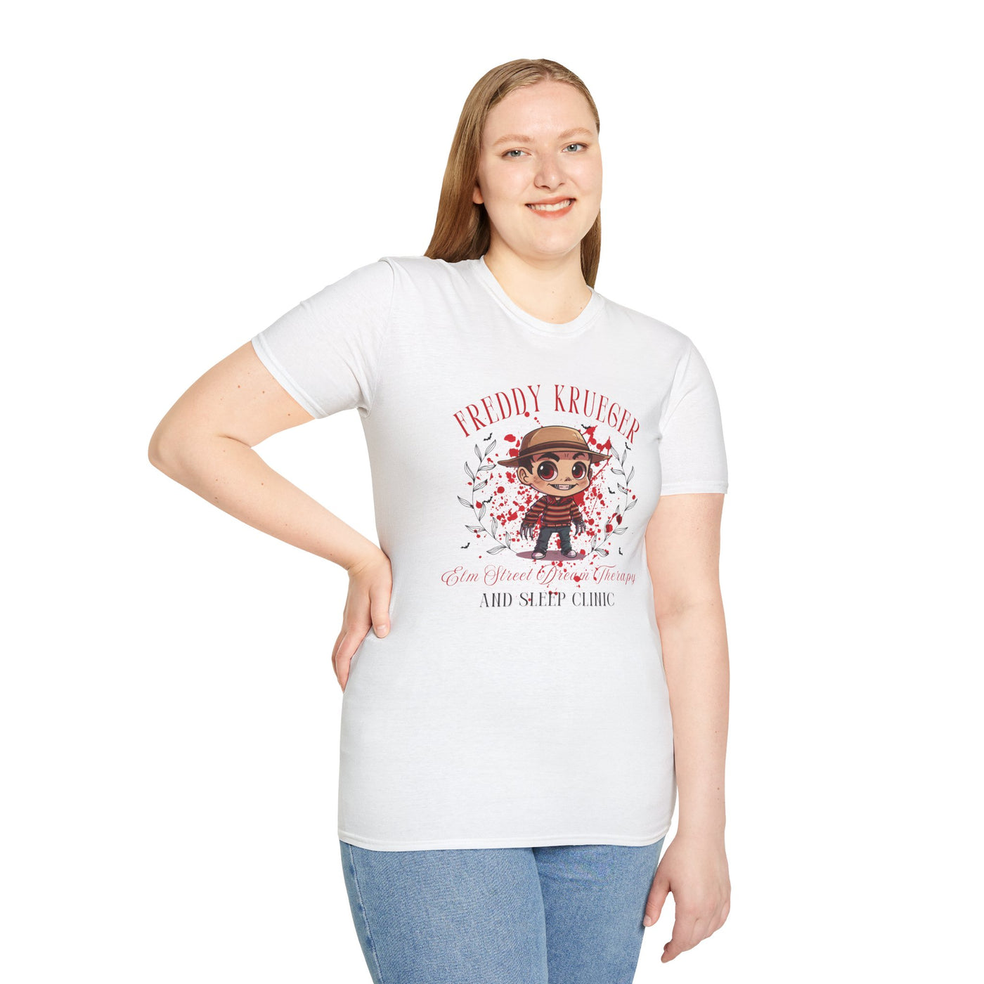 Freddy Krueger Dream Clinic Halloween tee featuring chibi design, perfect for horror lovers and spooky gatherings.