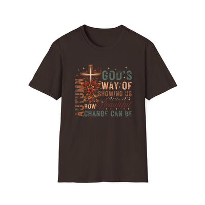 Autumn-inspired tee with faith message 'God's Way of Showing Us How Beautiful Change Can Be' in warm colors.