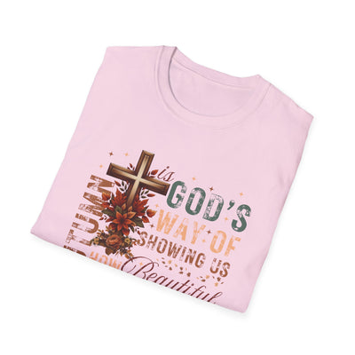 Pink autumn-themed tee featuring the message 'Autumn Is God's Way of Showing Us How Beautiful' with a cross and floral design.