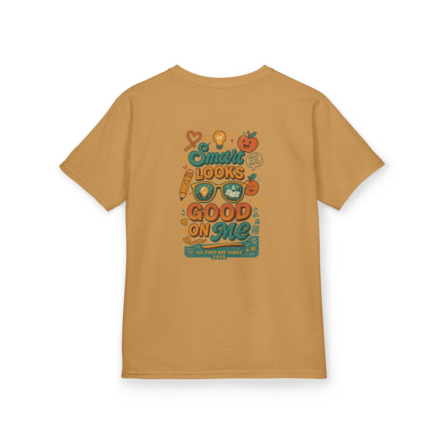 Smart Looks Good On Me kids tee in gold with motivational design for back-to-school season.