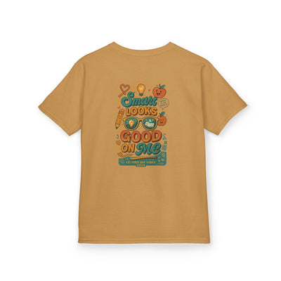 Smart Looks Good On Me kids tee in gold with motivational design for back-to-school season.