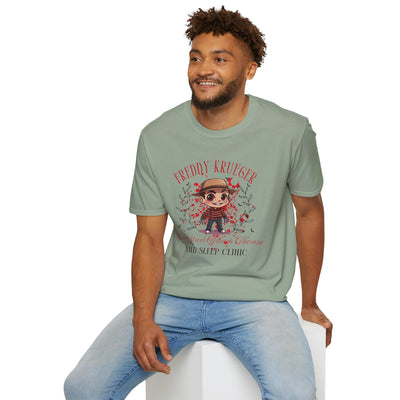 Man wearing Freddy Krueger Halloween tee from Elm Street Dream Clinic, showcasing a chibi design.