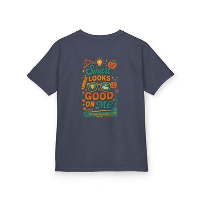 Back view of navy kids tee featuring vibrant text 'Smart Looks Good On Me' with playful graphics for back-to-school motivation.