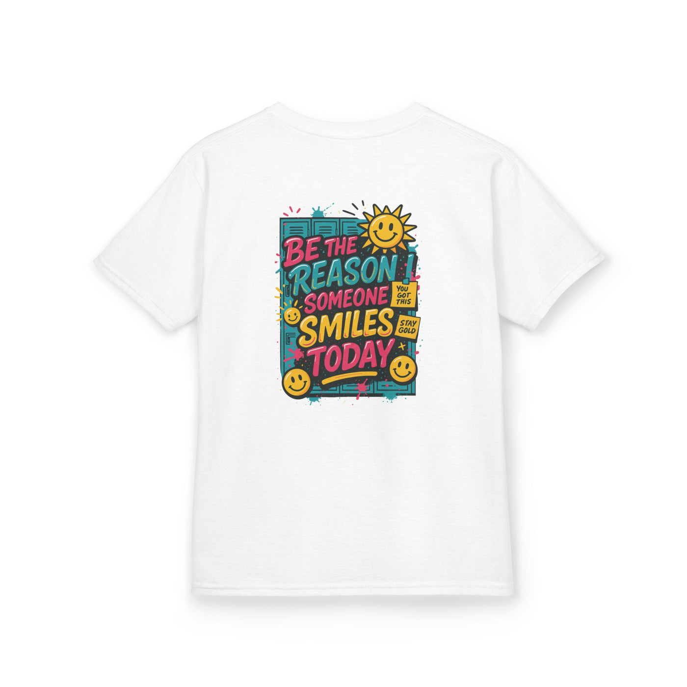Motivational kids t-shirt with sun graphic, bright colors, and text 'Be The Reason Someone Smiles Today'.