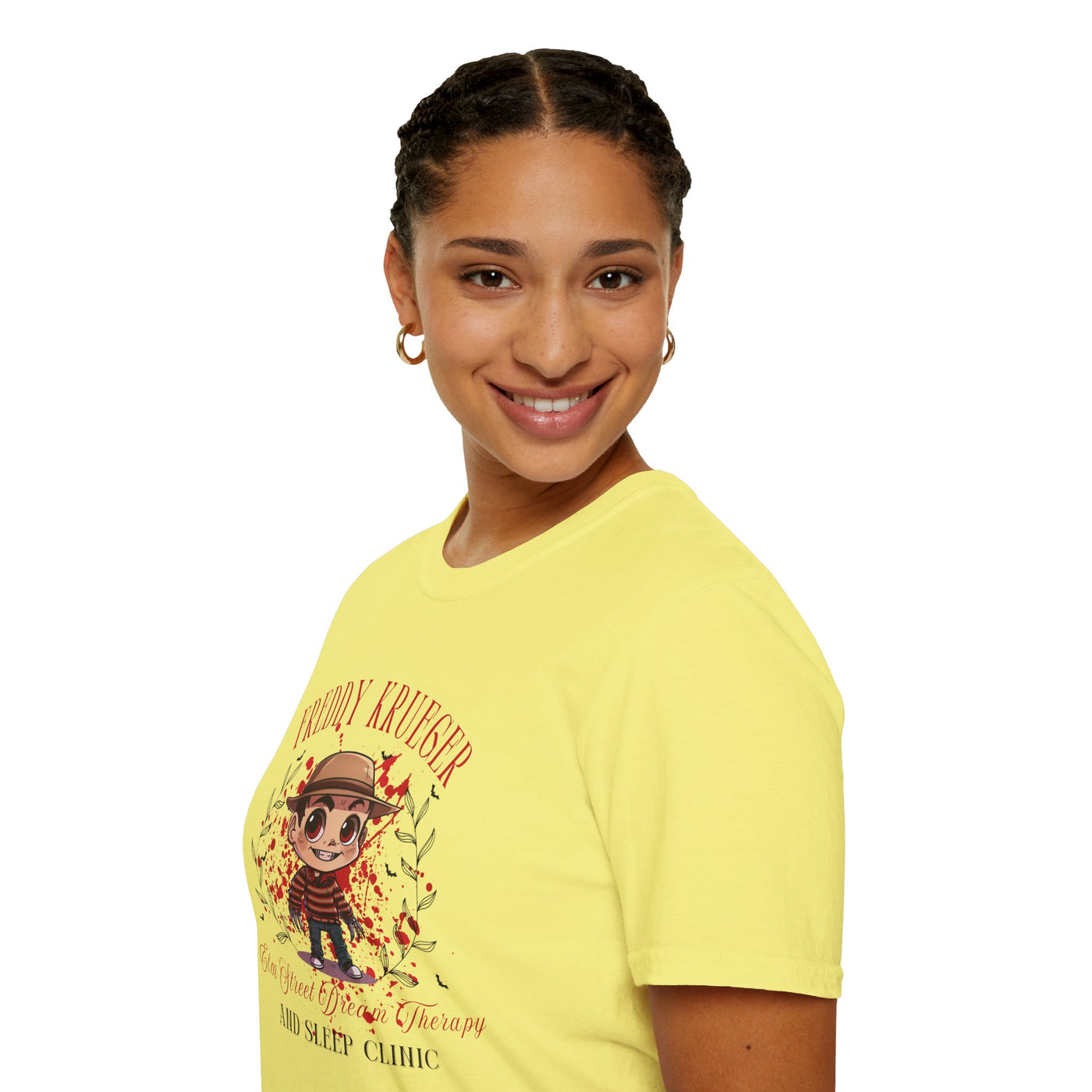 Woman wearing Freddy Krueger Halloween tee, featuring chibi design and Elm Street Dream Therapy graphics.