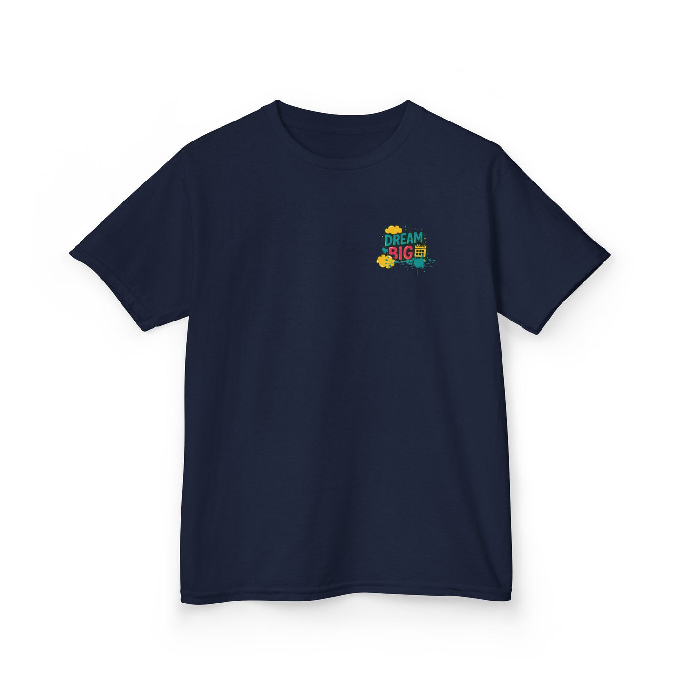 Navy blue kids t-shirt with 'Dream Big. Show Up. Repeat.' motivational print for back-to-school inspiration.