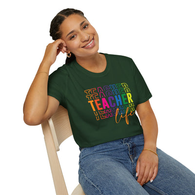 “Teacher Life” Rainbow Tee – Colorful Back-to-School Shirt for Educators 🍎✨