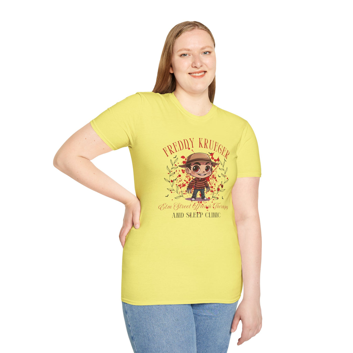 Woman wearing a Freddy Krueger Halloween tee featuring a chibi design and whimsical Elm Street clinic logo.