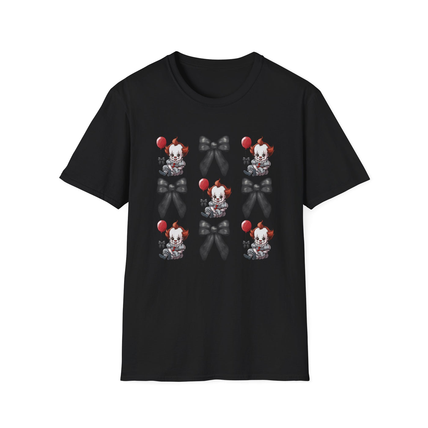 Pennywise & Bows Halloween Tee featuring spooky graphics on a black shirt for Halloween lovers.
