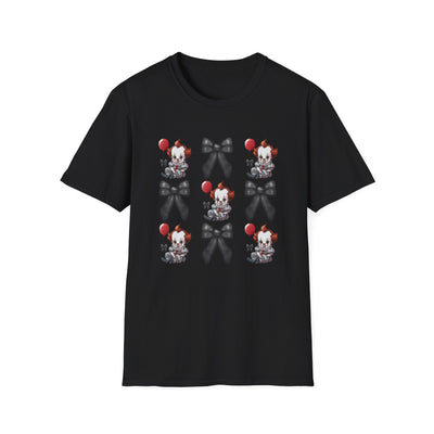 Pennywise & Bows Halloween Tee featuring spooky graphics on a black shirt for Halloween lovers.