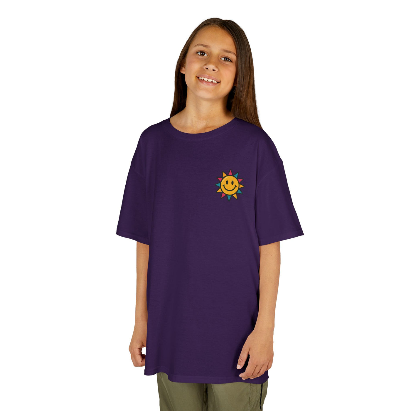 Kids motivational back-to-school tee in purple featuring a cheerful sun graphic for spreading positivity.