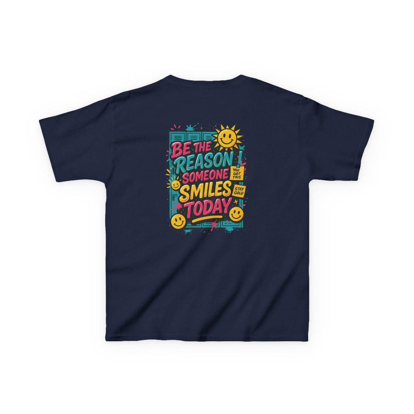 Kids motivational back-to-school tee featuring cheerful sun graphic and colorful text: 'Be The Reason Someone Smiles Today'.