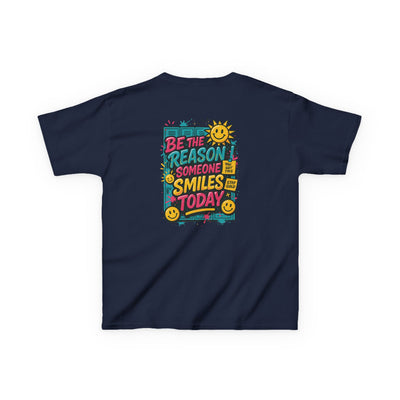 Kids motivational back-to-school tee featuring cheerful sun graphic and colorful text: 'Be The Reason Someone Smiles Today'.