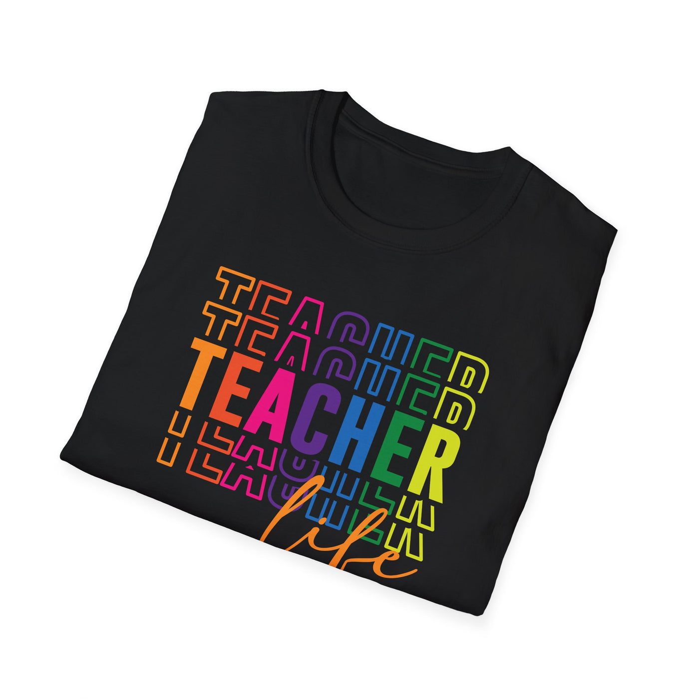 “Teacher Life” Rainbow Tee – Colorful Back-to-School Shirt for Educators 🍎✨