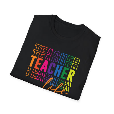 “Teacher Life” Rainbow Tee – Colorful Back-to-School Shirt for Educators 🍎✨