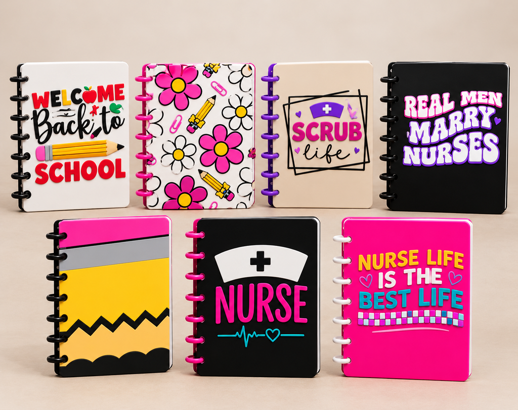 Six spiral-bound notebooks with colorful back-to-school and nurse-themed designs, arranged in two rows on a light beige background.