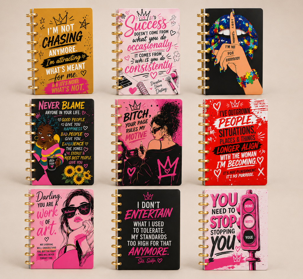 Nine spiral-bound notebooks arranged in a 3x3 grid, each featuring a different bold graphic design with motivational quotes, illustrations, and text on pink, black, red, yellow, and white backgrounds.