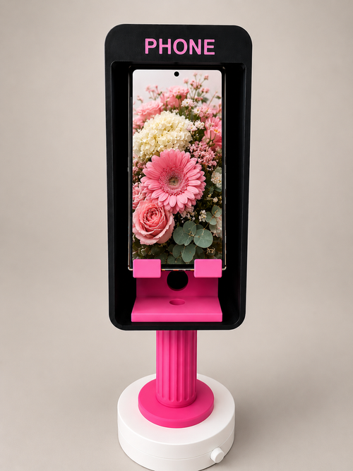 3D Printed Retro Phone Stand showcasing colorful flowers on a smartphone display, stylish desk organizers.