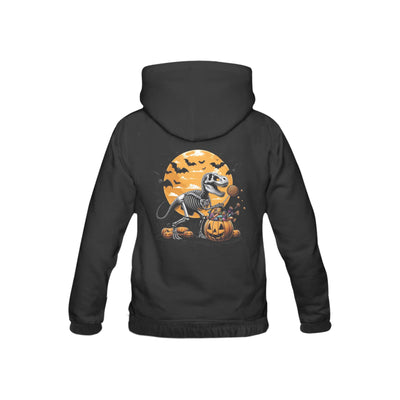 Black hoodie with a Halloween-themed design on the back featuring a skeleton and pumpkin.