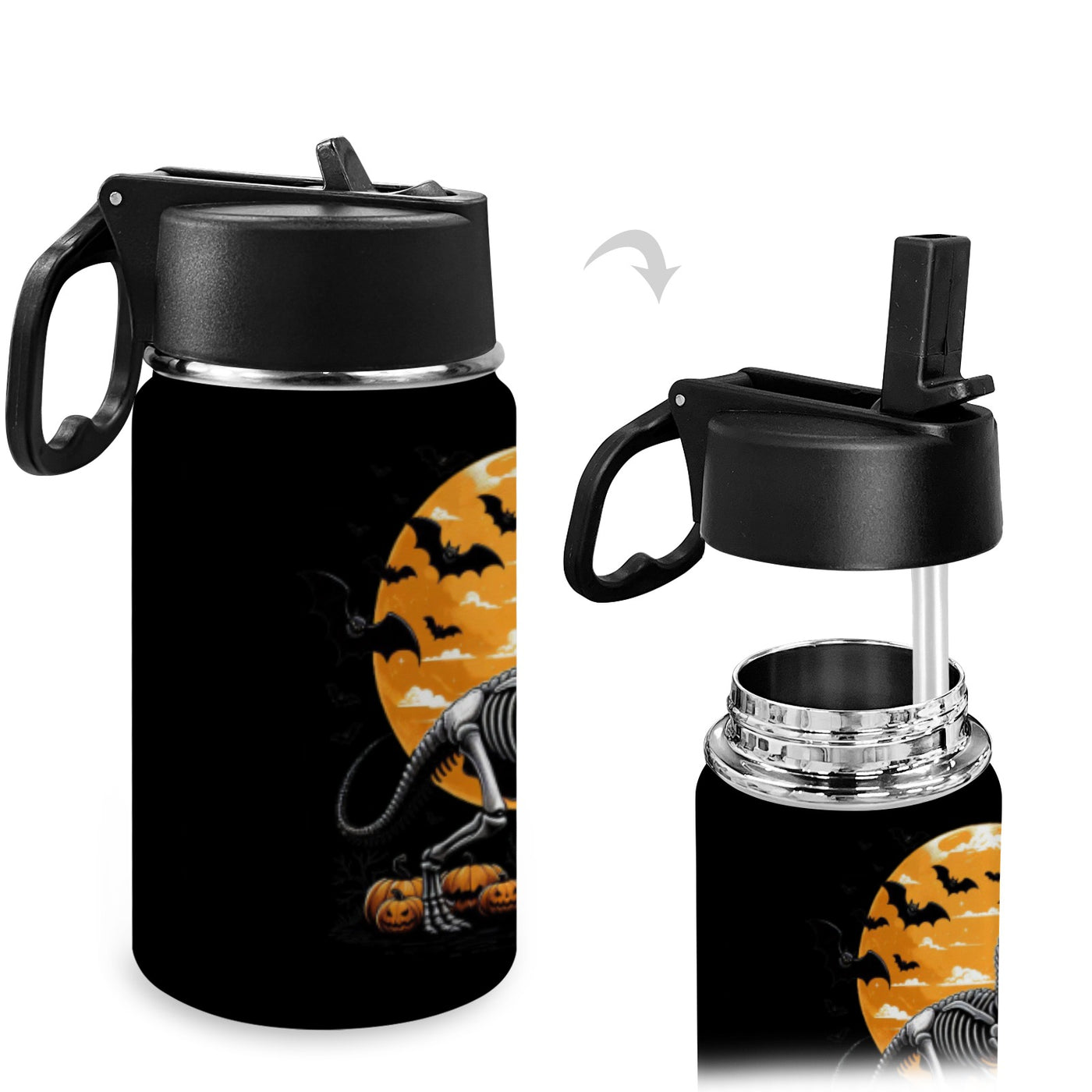 Black insulated water bottle with Halloween design featuring a skeleton, pumpkins, and bats against a moonlit sky.