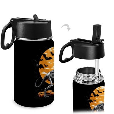 Black insulated water bottle with Halloween design featuring a skeleton, pumpkins, and bats against a moonlit sky.